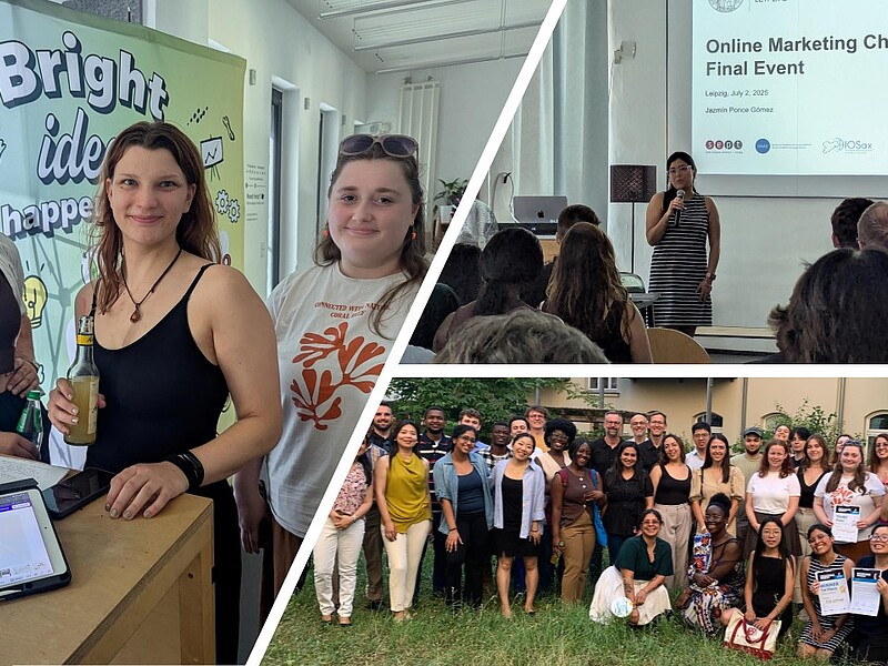 Die Collage zeigt Eindrücke vom Finale der "Online Marketing Challenge 2025":  Linkes Bild: Drei junge Frauen stehen an einem Messestand mit einem Plakat im Hintergrund, auf dem „Bright ideas happen here“ steht. Auf dem Tisch liegt ein Tablet mit der Aufschrift „Virtual Office Dresden“. Zwei der Frauen halten Getränkeflaschen in der Hand.  Rechtes oberes Bild: Eine Frau hält auf einer Bühne eine Präsentation vor Publikum. Auf der Leinwand hinter ihr steht „Online Marketing Challenge 2025 – Final Event – Leipzig, July 2, 2025“.  Rechtes unteres Bild: Eine große Gruppe internationaler Teilnehmerinnen und Teilnehmer posiert lächelnd im Freien für ein Gruppenfoto. Einige halten Urkunden in den Händen.