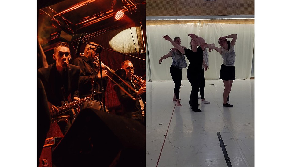 Bild zwei geteilt, rechte und linke Seite. Linke Seite des Bildes ist ein Teil eine Orchesters zu sehen. Auf der rechten Seite sieht man Tänzerinnen.