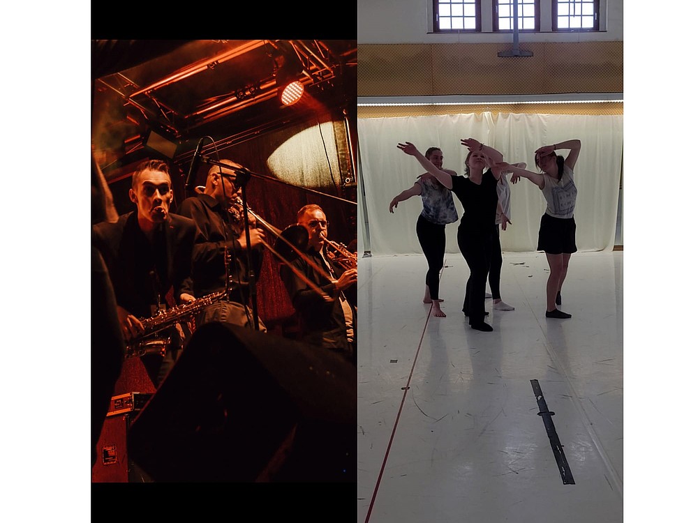 Bild zwei geteilt, rechte und linke Seite. Linke Seite des Bildes ist ein Teil eine Orchesters zu sehen. Auf der rechten Seite sieht man Tänzerinnen.