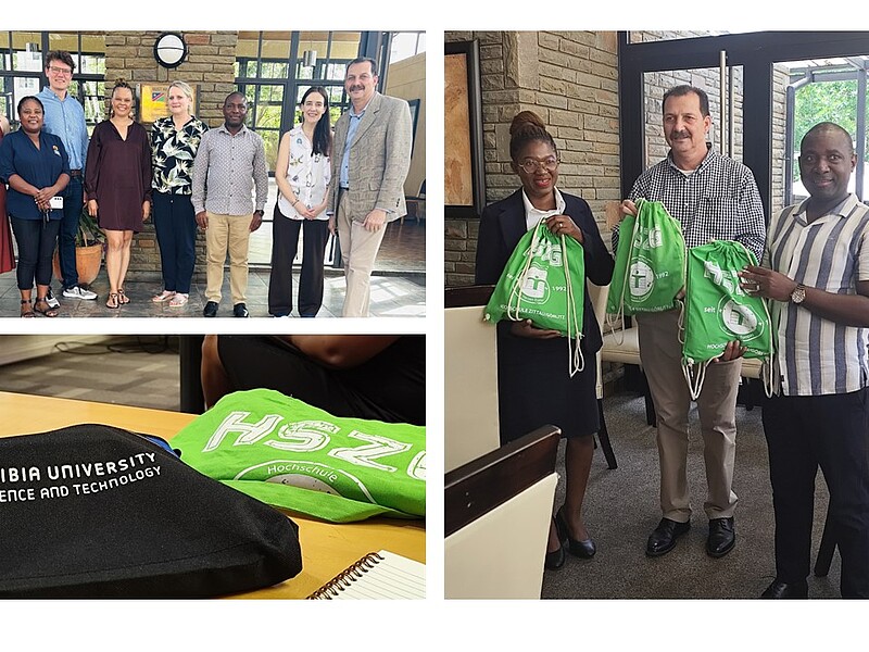Die Collage besteht aus drei Bildern, die offenbar ein Treffen oder eine Kooperation zwischen zwei Hochschulen dokumentieren – der Namibia University of Science and Technology (NUST) und der Hochschule Zittau/Görlitz (HSZG) aus Deutschland. 	1.	Oberes linkes Bild: Eine Gruppe von acht Personen (fünf Frauen, drei Männer) steht nebeneinander für ein Gruppenfoto vor einem Gebäude mit Glas- und Steinfassade. Die Kleidung wirkt professionell bis leger. Es handelt sich vermutlich um Vertreterinnen und Vertreter der beiden Hochschulen. 	2.	Rechtes Bild: Drei Personen (eine Frau, zwei Männer) stehen in einem Raum mit gedeckten Tischen und halten grüne Stoffbeutel mit dem Logo der Hochschule Zittau/Görlitz (HSZG) in den Händen. Es handelt sich augenscheinlich um ein symbolisches Geschenk oder eine Geste im Rahmen des Treffens. 	3.	Unteres linkes Bild: Eine Nahaufnahme zeigt zwei Taschen oder Beutel auf einem Tisch. Der schwarze Beutel trägt das Logo der “Namibia University of Science and Technology”, der grüne Beutel das Logo der HSZG mit dem Schriftzug „Hochschule Zittau/Görlitz“.