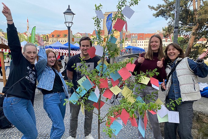 Studierende präsentieren auf einer Straße in Görlitz einen Wunschbaum.