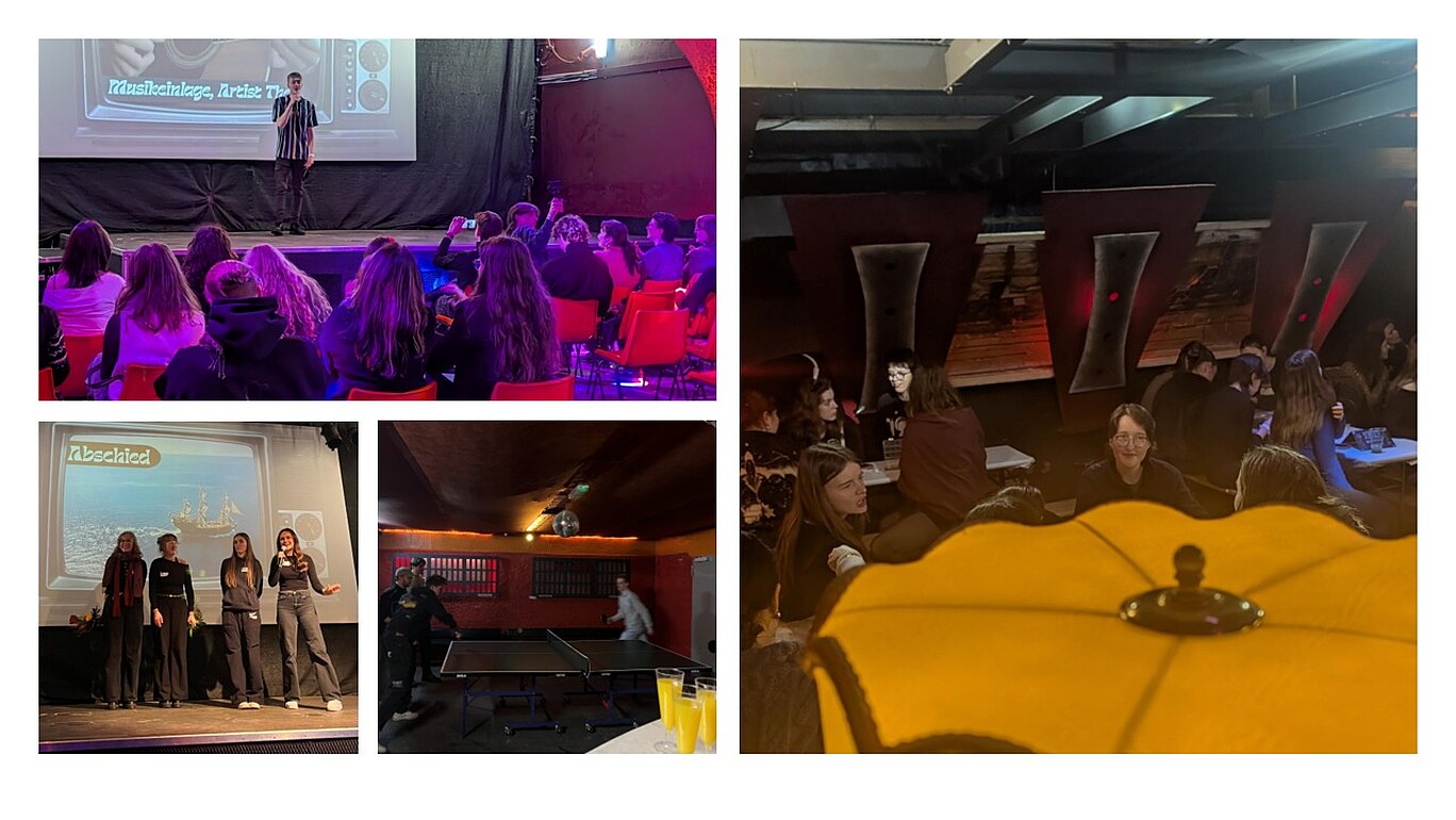 Collage aus vier Fotos vom Abschluss einer Jugendveranstaltung in einem Clubraum: Oben links steht ein junger Mann auf der Bühne vor einer großen Leinwand und spricht ins Mikrofon, im Vordergrund sitzt ein Publikum auf roten Stühlen im violett-blauen Scheinwerferlicht. Oben rechts sitzen und stehen viele Jugendliche an Tischen in einem gedämmten Raum, vertieft in Gespräche, im Vordergrund ist unscharf ein gelber Lampenschirm zu sehen. Unten links posieren vier Jugendliche nebeneinander auf der Bühne vor einer Leinwand mit der Aufschrift „Abschied“, einige halten Blumensträuße in der Hand. Unten mittig steht eine Tischtennisplatte in einem Nebenraum mit orangefarbener Wandbeleuchtung und Diskokugel an der Decke, daneben sind Jugendliche in Bewegung und auf einem Tresen stehen gefüllte Gläser mit Saft.