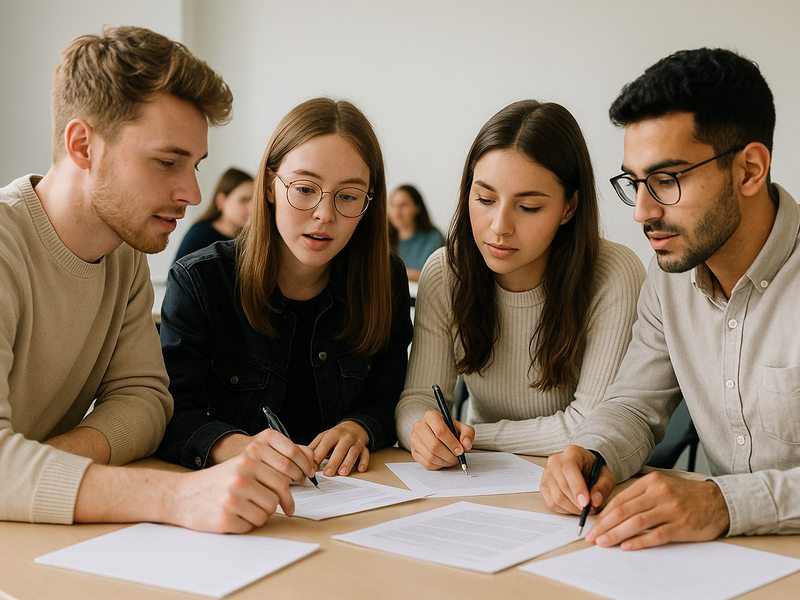 Vier junge Studierende – zwei Frauen und zwei Männer – sitzen gemeinsam an einem rechteckigen Holztisch in einem hellen Seminarraum. Sie beugen sich leicht über mehrere Blätter Papier und diskutieren konzentriert miteinander. Alle halten Stifte in der Hand, einige schreiben gerade etwas auf. Die Kleidung ist modern und dezent, passend für ein akademisches Umfeld.  Die Frau links trägt eine dunkle Brille und eine schwarze Jeansjacke, der Mann rechts ebenfalls eine Brille und ein beiges Hemd. Die beiden anderen Personen – ein Mann im cremefarbenen Pullover und eine Frau im hellen Strickoberteil – hören aufmerksam zu.  Im Hintergrund sind leicht unscharf weitere Studierende zu erkennen, die an anderen Tischen sitzen. Der Raum ist schlicht gestaltet mit weißen Wänden und wird von natürlichem Licht durchflutet. Die Stimmung wirkt konzentriert, aber kooperativ und freundlich.
